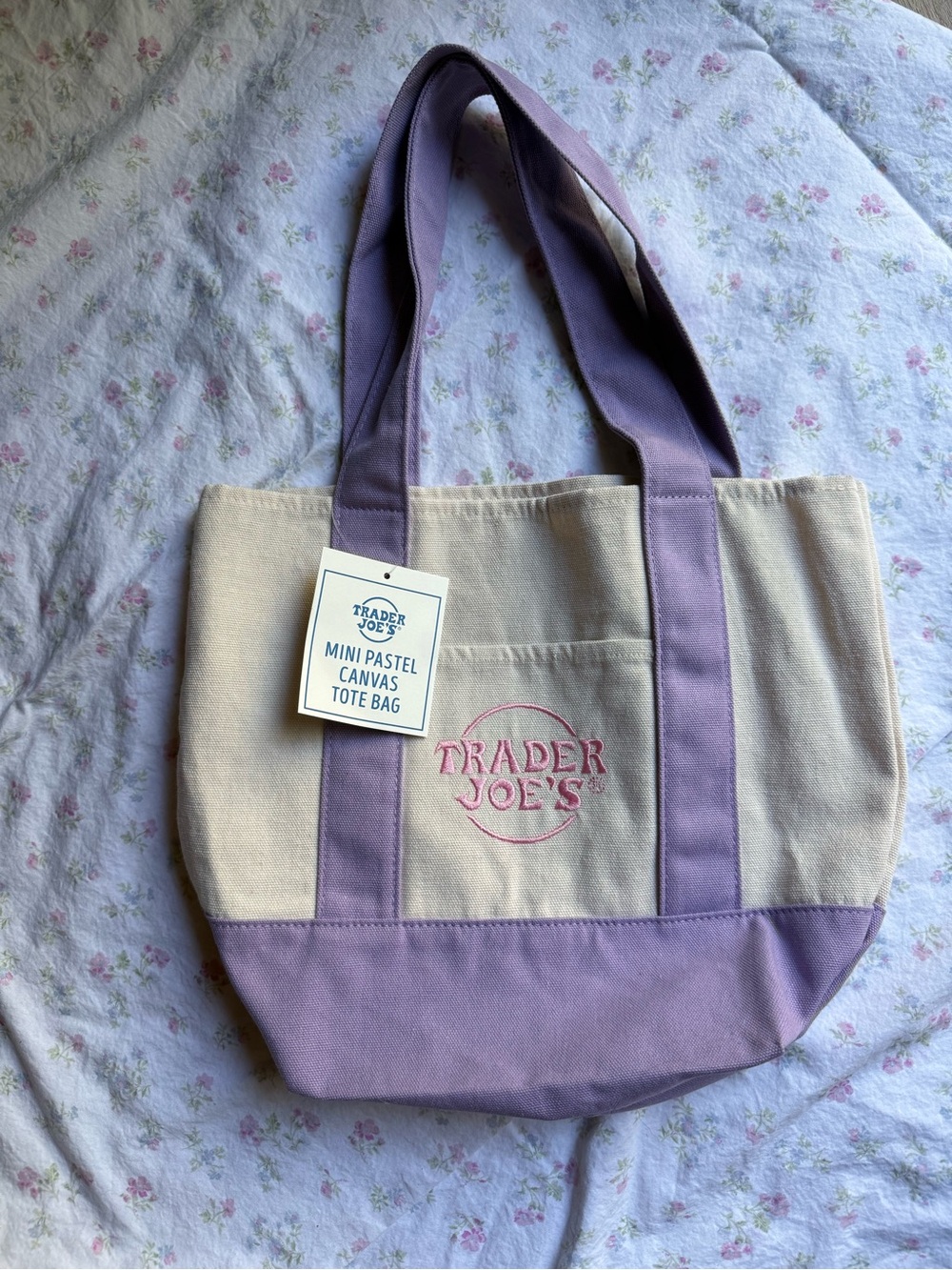 Trader Joe's Mini Canvas Tote Bag in Cream and Lavender